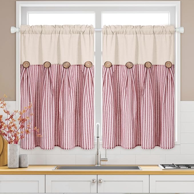 ASPMIZ Linen Kitchen Curtains 24 Inch Length, Farmhouse Boho Button Kitchen Window Curtain Over Sink, Red Stripe Short Curtains for Small Windows, Bathroom, Rod Pocket Window Treatment Tiers