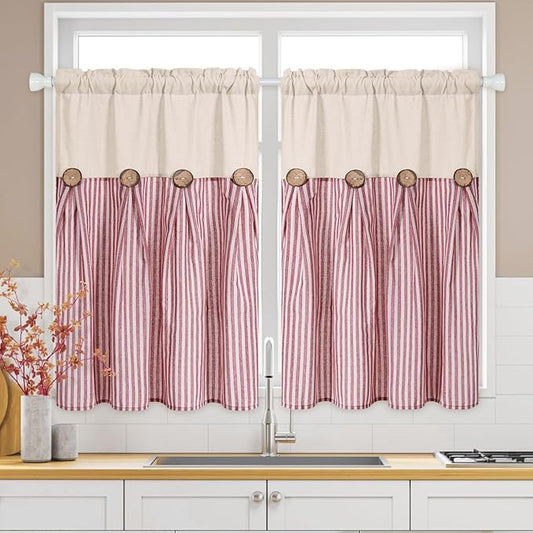 ASPMIZ Boho Linenn Kitchen Curtains 36 Inch Length, Farmhouse Kitchen Window Curtain Over Sink, Red Stripe Short Curtains for Small Windows, Bathroom, Rod Pocket Window Treatment Tiers with Button