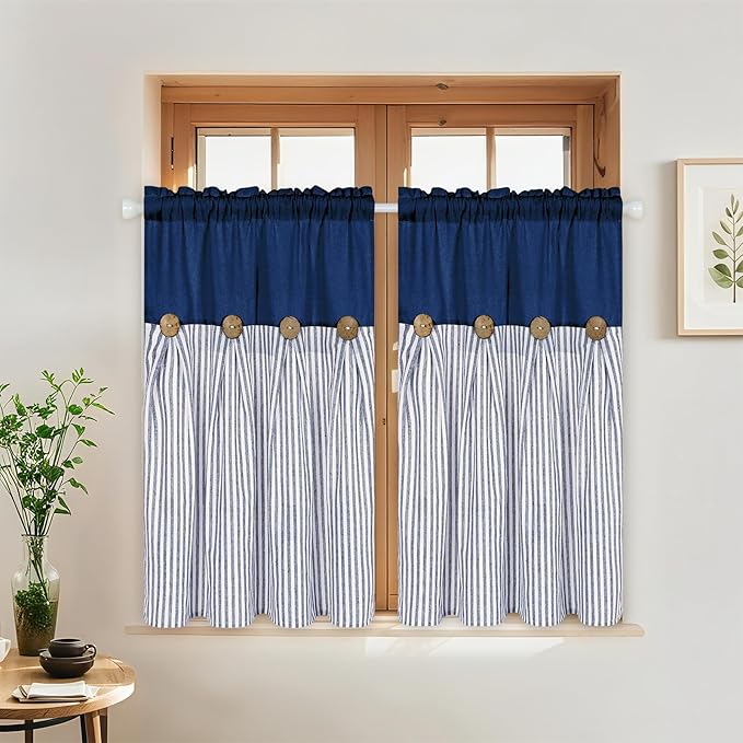 ASPMIZ Cotton Linen Farmhouse Kitchen Curtains, Blue Striped Tier Curtain 36 Inch Lenth, Boho Rustic Button Short Curtains for Small Window, Rod Pocket Half Window Curtain for Kitchen Cafe, 2 Panels