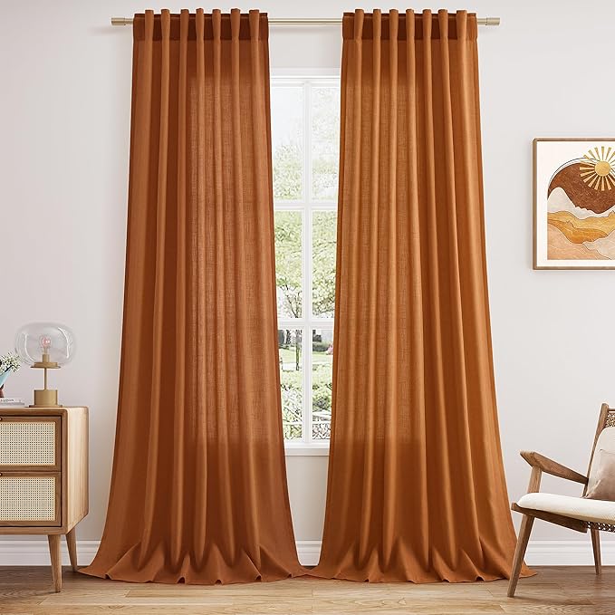 Nanspring Desert Orange Linen Curtains 90 Inch for Living Room Rod Pocket Back Tab Window Drapes Light Filtering Modern Farmhouse Curtain 90 Inches Long for Bedroom 52x90,2 Panels