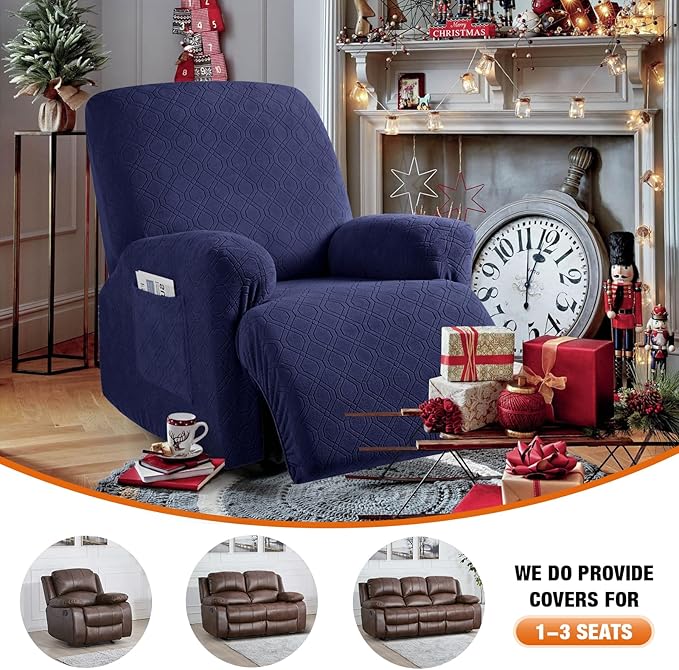 VANSOFY Recliner Chair Cover, 3-Pieces Stretch Recliner Covers for Recliner Chair Soft Reclining Chair Slipcover Furniture Protector for Dogs Cats(Navy Blue)