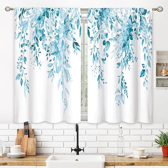Blue Eucalyptus Botanical Leaves Floral Kitchen Window Curtains Over Sink Farmhouse Flower Spring Small Window Treatment Cafe Short Curtains for Bathroom Treatment Tier Drapes 26x36 inch