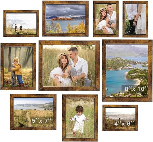 Gallery Wall Frame Set, Picture Frames Collage Wall Decor 10 Pcs, Picture Frame Set for Wall Mounting or Tabletop Display, Multi Sizes Including 8x10, 5x7, 4x6 Family Photo Frames,Rustic Brown