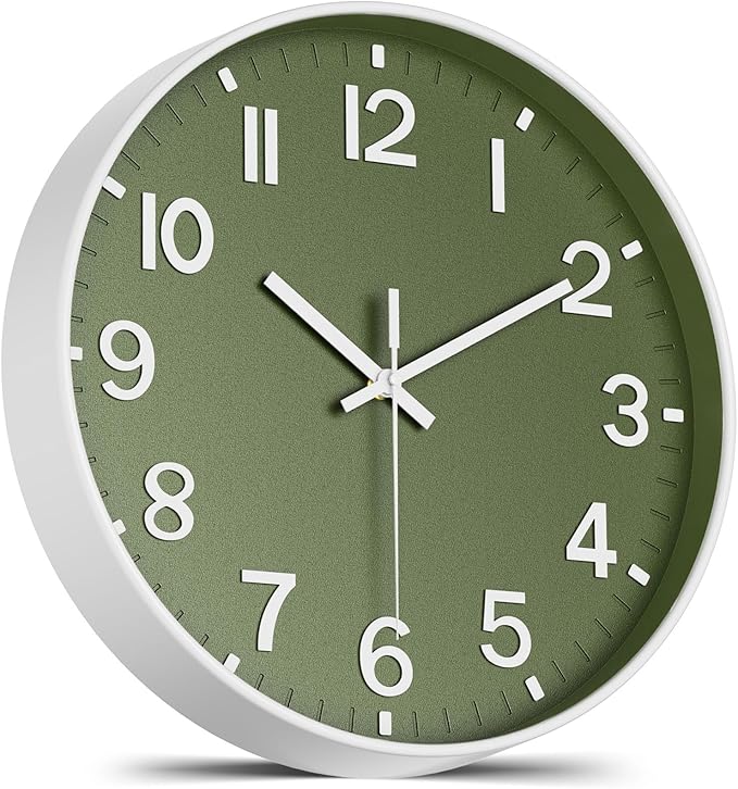 Silent Wall Clock Non-Ticking Battery Operated ?€? Modern Olive Green Analog Wall Clock for Living Room, Kitchen, Office, Bedroom ?€? Stylish Home Wall Decor Clock, 8 Inch