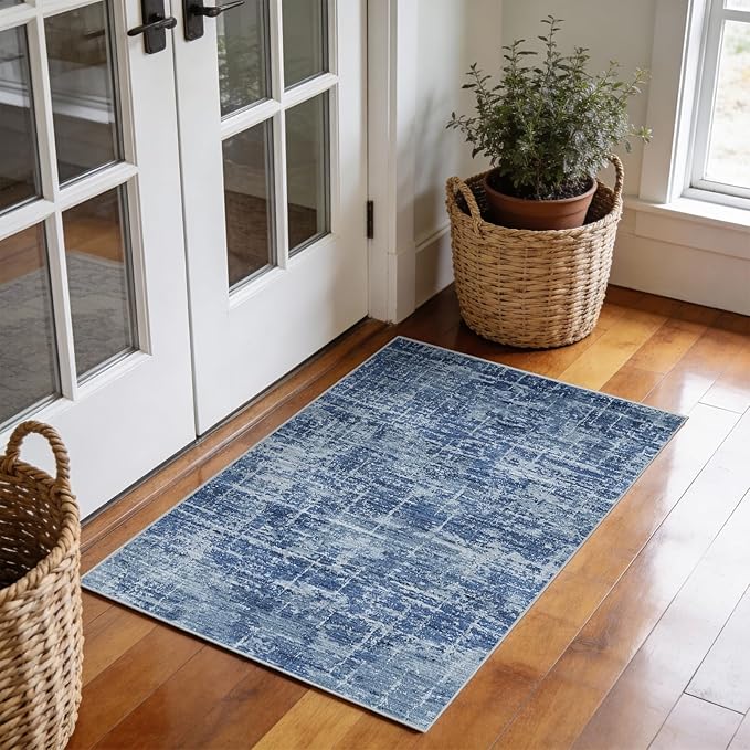 2x3 Washable Area Rug for Entryway - Small Abstract Neutral Kitchen Rug with Anti-Skid Rubber Backing Soft Low Pile Thin Carpet for Bedroom Bathroom Pet Feeding Zone (2x3, Blue)