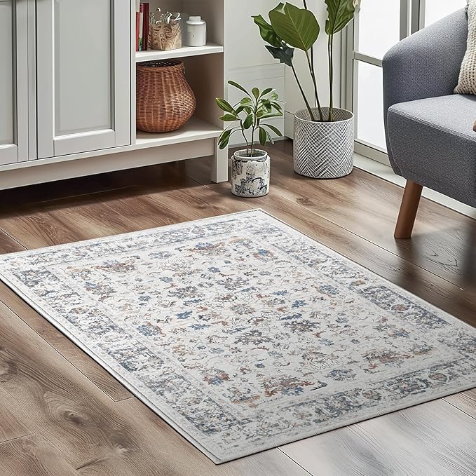 jinchan Area Rug 3x5 Entryway Rug - Washable Vintage Boho Floral Floor Cover Lightweight Low Pile Indoor Doormat Thin Non-Slip Carpet for Kitchen Living Room Bedroom Dining Room Office Grey Multi