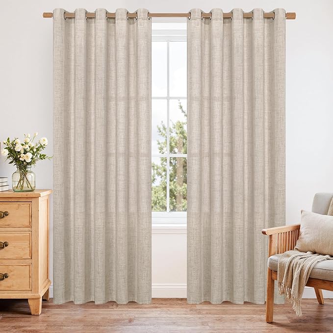 YoungsTex Natural Linen Curtains for Living Room 60 Inch Wide Bronze Grommet Linen Textured Drapes 84 Inch Length Light Filtering Window Curtains Farmhouse, 2 Panels, 60 X 84 Inch