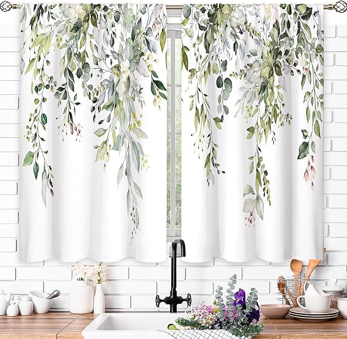 Eucalyptus Botanical Leaves Floral Kitchen Window Curtains Over Sink Farmhouse Flower Leaf Small Window Treatment Sage Green Cafe Short Curtains for Bathroom Treatment Tier Drapes 26x30 inch