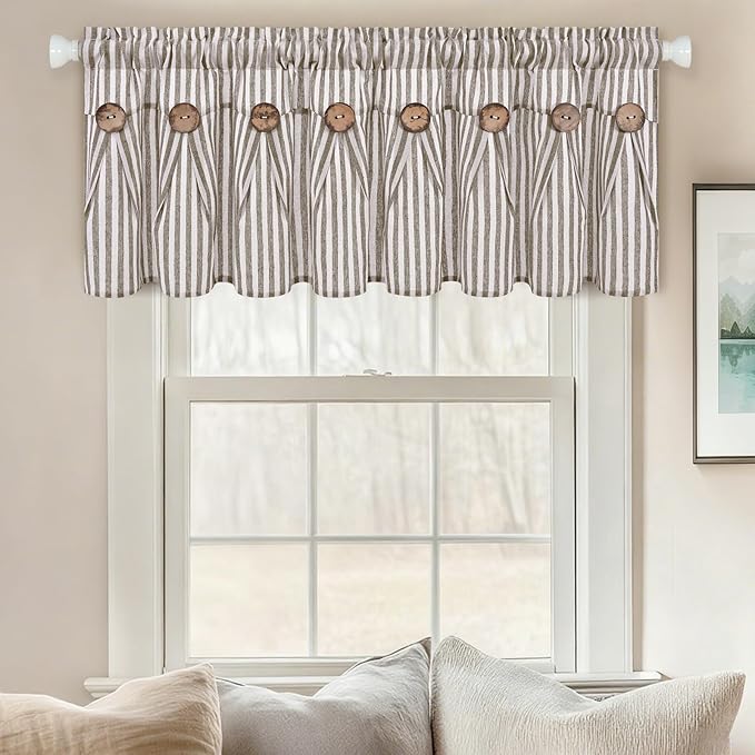 ASPMIZ Farmhouse Valances for Windows, Cotton Linen Kitchen Curtains Valances with Rustic Buttons, Brown Striped Window Valance for Living Room, Boho Valance Curtains for Bathroom, 52 x 18 Inches