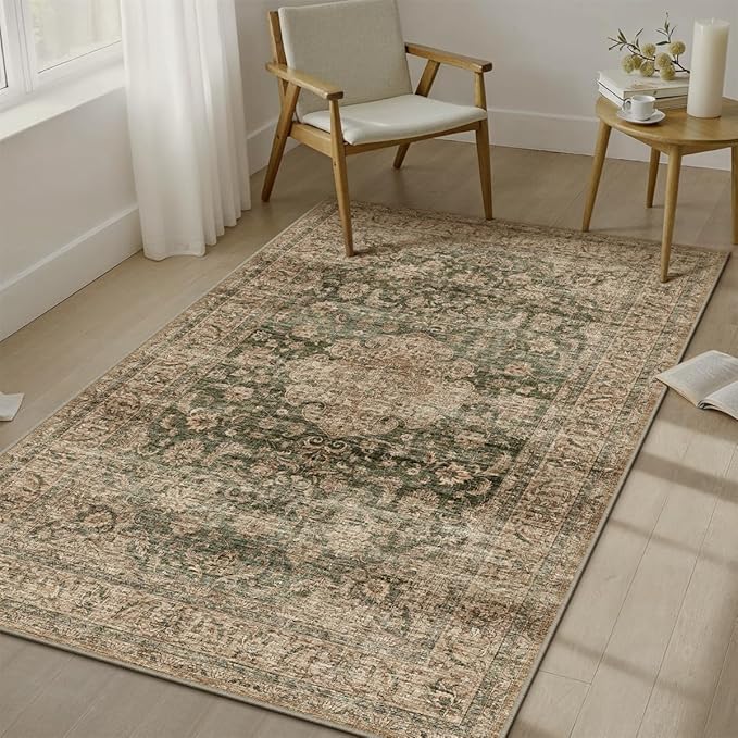 3x5 Washable Area Rug Green Brown Vintage Non Slip Soft Low Pile Rug for Entryway Kitchen Bathroom Distressed Oriental Throw Carpet for Living Room Bedroom Home Decor