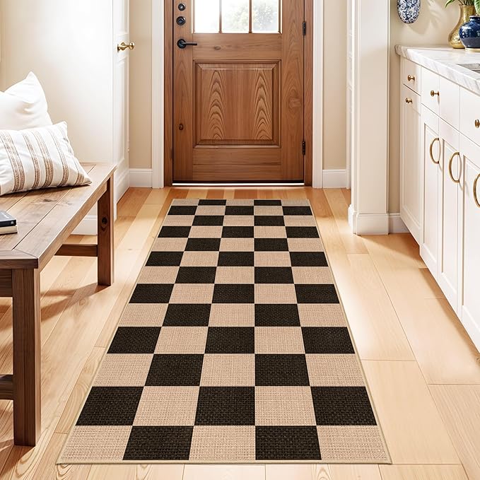 Easy Jute 2x5 Runner Rug: Non Slip Checkered Low Pile Indoor Doormat - Machine Washable for Entryway Kitchen Bathroom - Carpet for Dorms Small Spaces Ideal for Young Families First Home (Black,2x5)