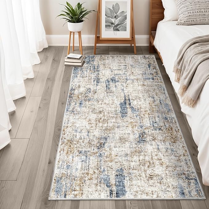 3x6 Washable Non-Slip Kitchen Runner Rug – Modern Abstract Wide Floor Carpet Runner with Rubber Backing for Entryway, Hallway, Bathroom, Living Room, Low Pile Thin (Blue Brown)