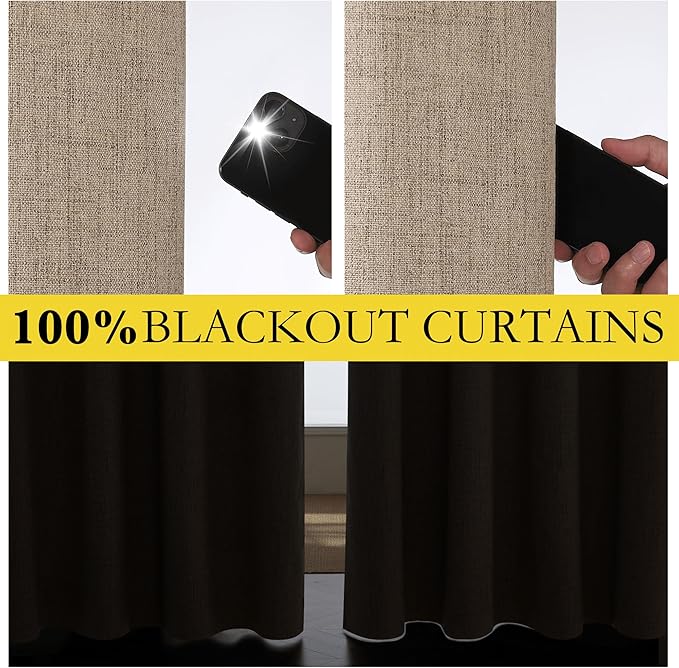 NICETOWN Burlap Vintage Open Linen Weave Flax Thermal Curtains, 100% Blackout Curtains 102" Long for Dining Room, Soundproof Window Treatment Drapes for Hall Room, 52" Wide Per Panel, Set of 2