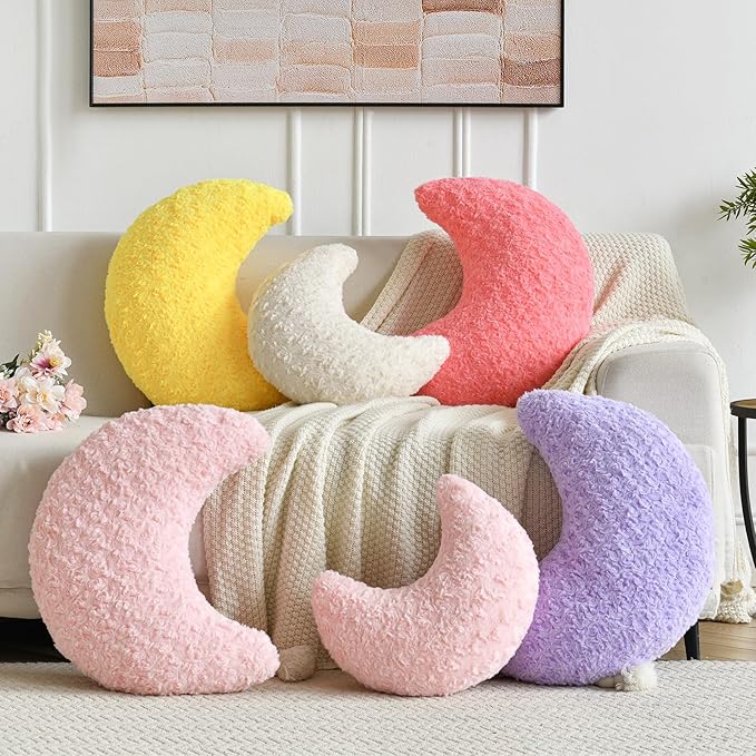 Moon Shaped Pillow with Soft Faux Fur for Couch, Bed, Sofa - Cute Half Moon Pillows with Room Decor for Bedroom, Living Room (14.9 Inches, Beige)