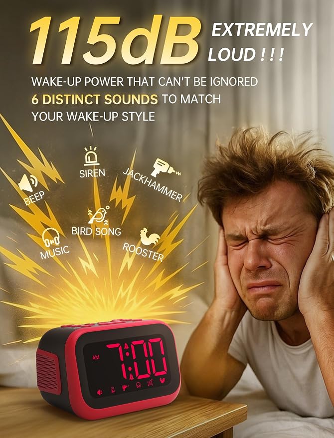 Acedeck Super Loud Alarm Clock: 115dB Wake-Up Power | Dual Alarms and 6 Alarm Sounds for Heavy Sleepers Adults and Shift Workers - Bedroom and Daily Wake-Up Use (Red Digits) - Image 2