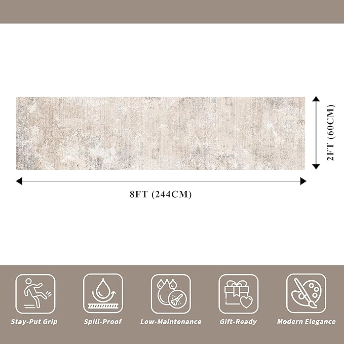 2x8 Washable Hallway Runner Rug – Non-Slip Modern Abstract Neutral Low-Pile Stain-Resistant Carpet Runner for Kitchen Entryway Bedroom Bathroom (Beige Grey,2x8)