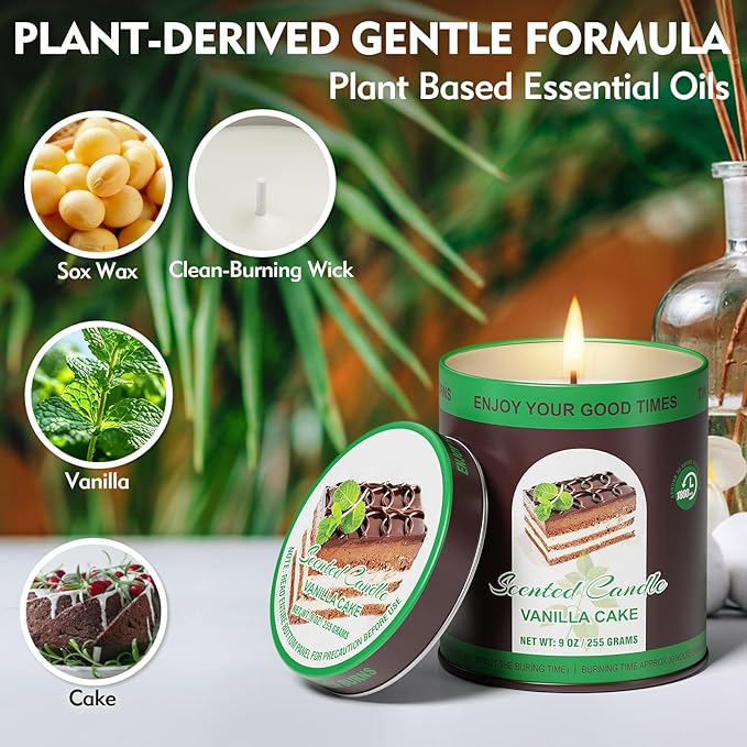 2 Pack Scented Candles (90 Total Burn Hours) - Soy Wax Candles 9 oz Each in Tin - Long Lasting Aromatherapy Candle Gift Set (Vanilla Cake)