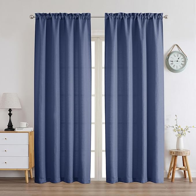 Chyhomenyc Blue Curtains 72 Inch Length 2 Panels Set, Faux Linen Textured Semi Sheer Light Filtering Soft Airy Privacy Farmhouse Curtain Drapes for Living Room Bedroom, 40 Wx72 L Inches