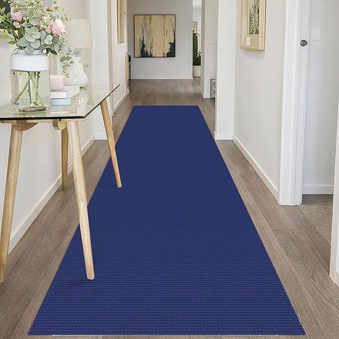 IOHOUZE Washable Runner Rug 3x10 Non Slip Rubber Backed Long Hallway Runner Entryway Runner Indoor, Kitchen Rugs Woven Cotton Floor Carpet for Hall Entrance, Royal Blue/Navy