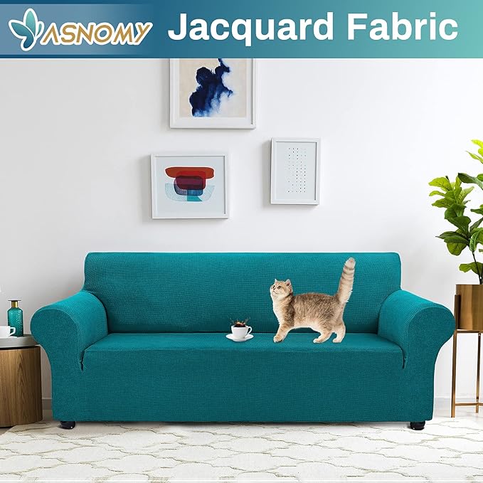 Asnomy Couch Covers for 3 Cushion Couch Stretch Sofa Covers Slipcovers, Pet Protector Furniture Covers for Dogs Cats Spandex Jacquard Fabric Small Checks （Large，Peacock Blue）