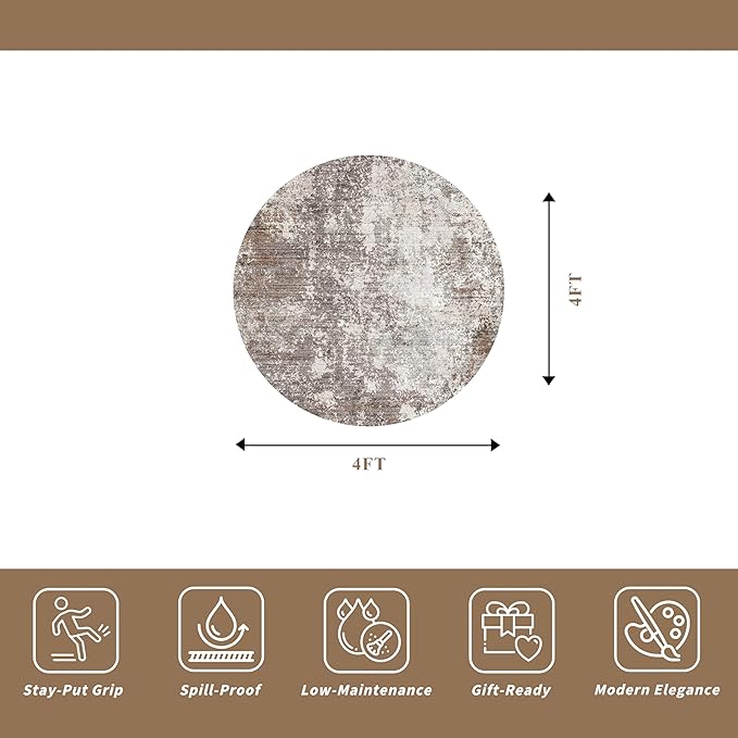 4ft Washable Kitchen Round Rug: Non-Slip Small Circle Rug for Bathroom,Living Room,Bedroom – Soft Modern Neutral Abstract Circular Carpet (Brown Beige,4x4)