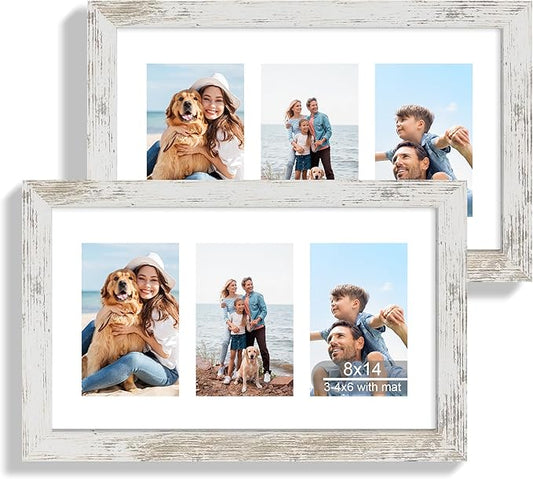 8x14 Picture Frame Set of 2, Distressed White Wood Frame with Glass Collage Frame, Display Pictures 3-4x6 With Mat or 8 x 14 Without Mat - Horizontal or Vertical Wall Mounting