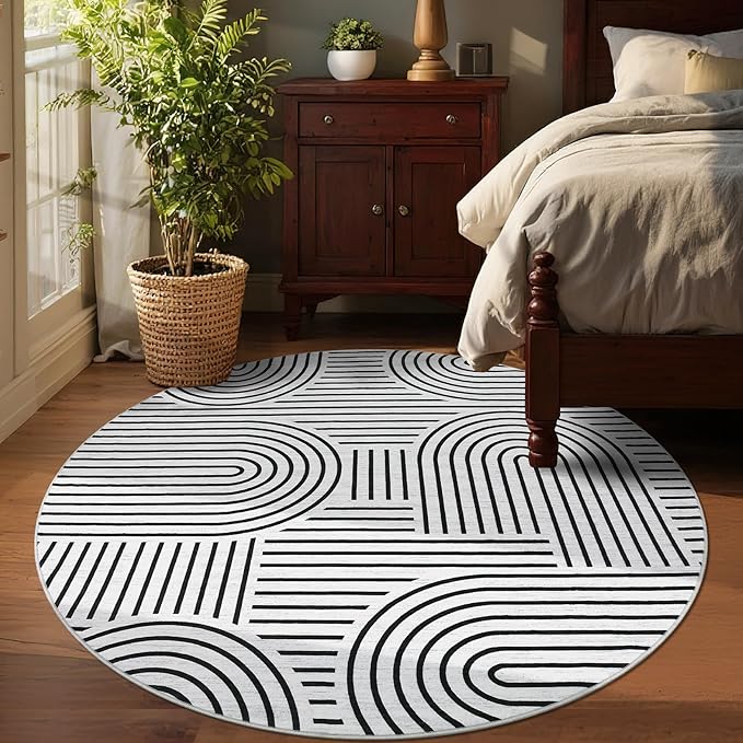 Washable Rug 4ft Area Rugs for Living Room, Abstract Rug for Bedroom, Soft Rainbow Non Slip Throw Rugs with Rubber Back, Low Pile Stain Resistant Boho Geometric Carpet for Dining Room,Blackwhite