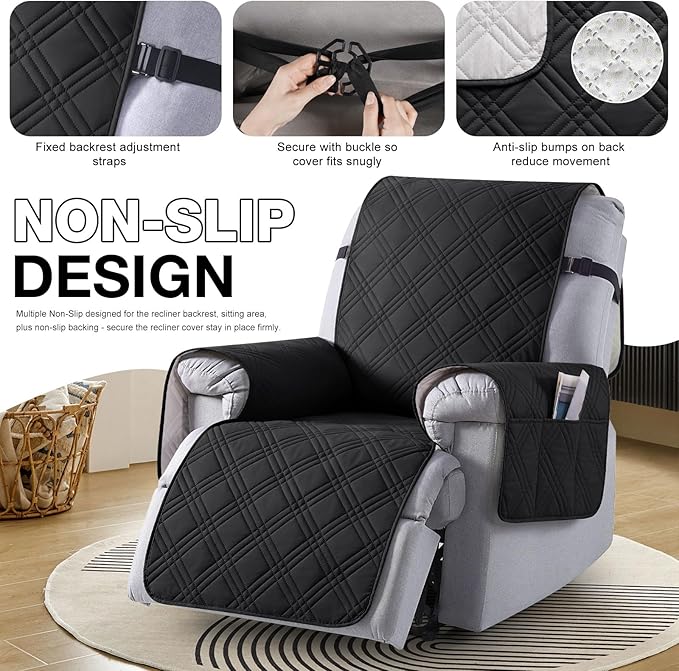 TAOCOCO 100% Waterproof Recliner Chair Covers, Non Slip Recliner Covers for Recliner Chair with Pocket, Washable Reclining Chair Cover Furniture Protector for Kids,Dogs(22'', Black)