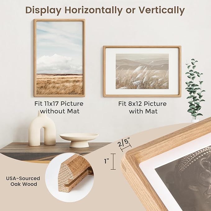 11x17 Picture Frame, USA-Sourced Oak Wood Photo Frames with HD Tempered Glass, Handcrafted Rounded Corner 11 x 17 Wooden Frame Matted to 8x12 Photos, 11x17 Frames, Tabletop or Wall Display