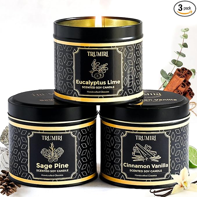 Candle Gift Set Of 3 Sage Pine|Cinnamon Vanilla|Eucalyptus Lime Highly Scented Soy Candels Clean Non Toxic Velas Aromáticas Favors For Women Coworkers Friends Guests Also For Diwali Christmas Holidays