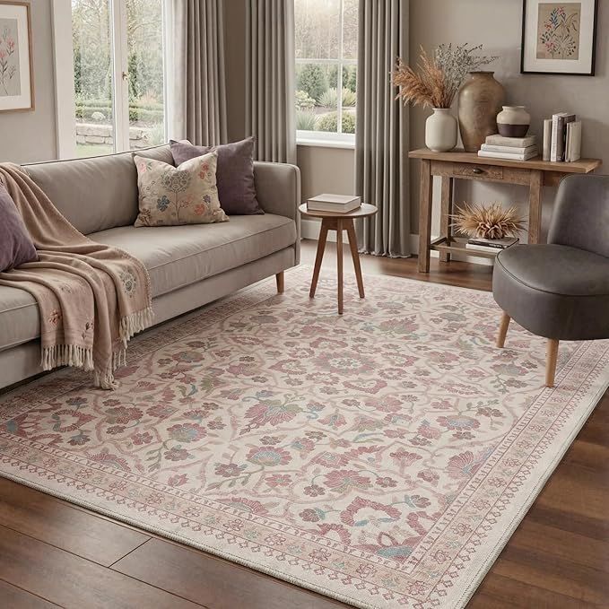 GENIMO Runner Rug for Hallways Machine Washable, 2x7 Non Slip Boho Vintage Lightweight Washable Runners, Thin Floor Rugs for Entryway Hallway Bathroom Laundry Room Corridor, Dusty Rose