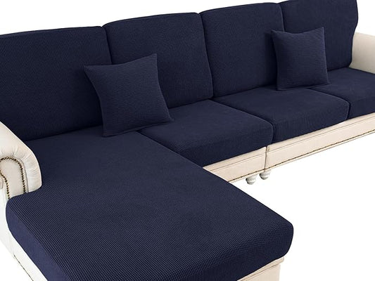 LA MEACK Couch Cushion Covers for Sectional Sofa L Shape Washable Separate Seat Chaise Couch Cover Stretch Sofa Slipcovers with 2 Pcs Pillowcases(2 Seater + 1 Chaise, Navy)
