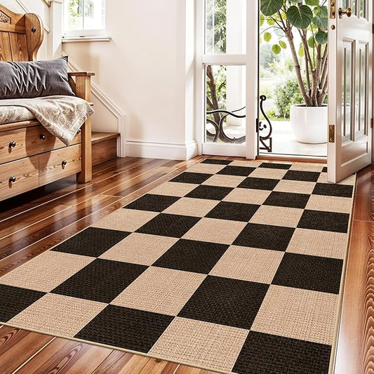 Checkered 3x5 No Shed Jute Rug: Machine Washable Non Slip Rugs for Entryway Front Porch Kitchen - Door Mat Area Rug Farmhouse Neutral Non Shedding - Carpet for Bedroom Living Room (Black,3x5)