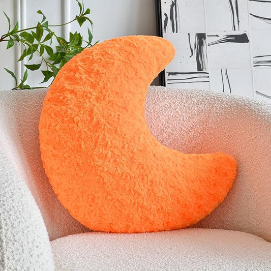 Moon Pillow, Decorative Throw Pillow with Soft Faux Fur for Couch Bed Sofa, Cute Half Moon Pillows with Room Decor for Bedroom Living Room (19 Inches, Orange)