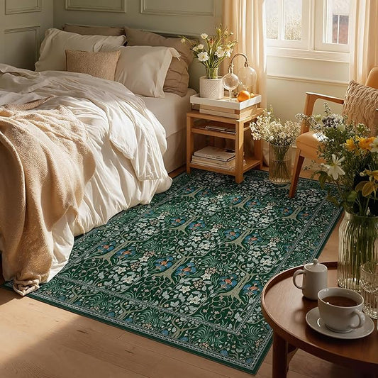 Joydeco Washable 4x6 Area Rug for Bedroom, Dark Green Boho Floral Vintage Rug Non Slip, Soft Stain Resistant Indoor Floor Dining Room Throw Carpet for Home Office Entrance Kitchen