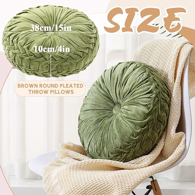 Drydiet 2 Pcs Round Throw Velvet Pillows Decorative Pleated Throw Pillows 15'' Diameter Accent Pumpkin Boho Chair Cushion for Couch Sofa Home Decoration (Olive Green)