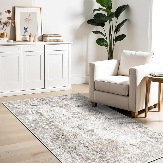 Washable 3x5 Entryway Rug - Non-Slip Soft Low-Pile Thin Small Area Rugs for Kitchen Bedroom Living Room Hallway – Modern Abstract Neutral Door mat Indoor（Beige Grey）
