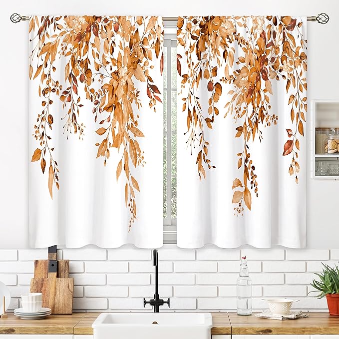 Orange Eucalyptus Botanical Leaves Floral Kitchen Window Curtains Over Sink Farmhouse Flower Fall Small Window Treatment Cafe Short Curtains for Bathroom Treatment Tier Drapes 26x36 inch