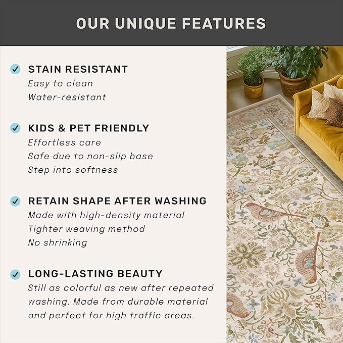 3x6 Washable Rug for Large Entryway - Boho Bird Rugs for Kitchen, Bedroom Beside Bed, Indoor Entrance Door Mat with Moody Woodland Flowers, Non-Slip Stain Resistant Low Pile