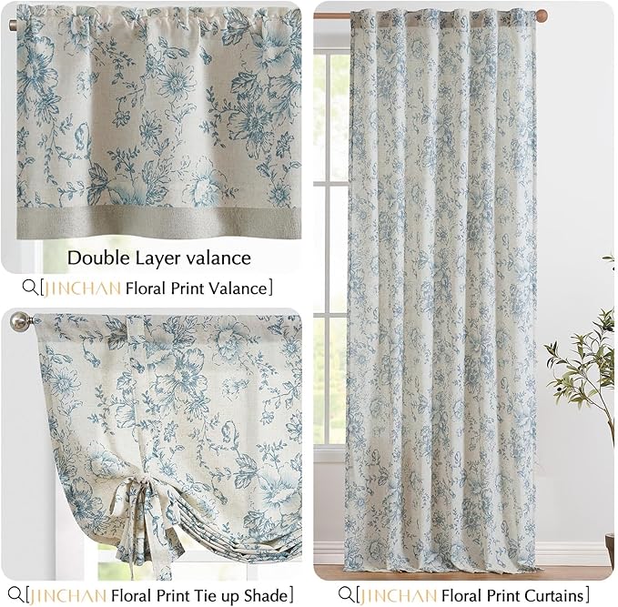 jinchan Linen Floral Valance Double Layer Kitchen Window Curtain Blue Flower on Beige Valance for Living Room Cafe Farmhouse Light Filtering Rustic Country Curtain 18 Inch Rod Pocket 1 Panel
