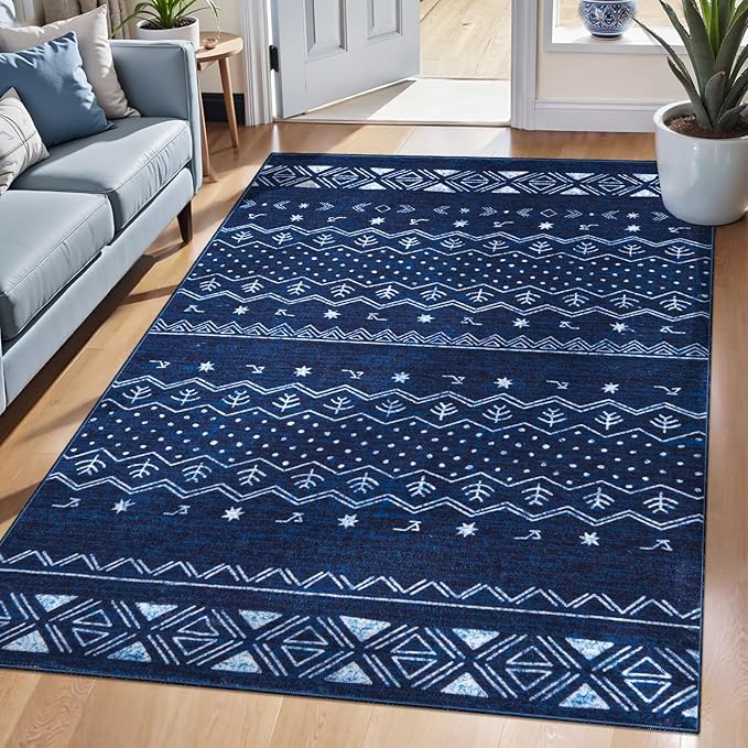 SERISSA 3x5 Area Rugs for Living Room, Washable Non-Slip Blue and White Small Boho Rug, Soft Low-Pile Geometric Indoor Throw Carpet for Bedroom Kitchen Dining Room Office