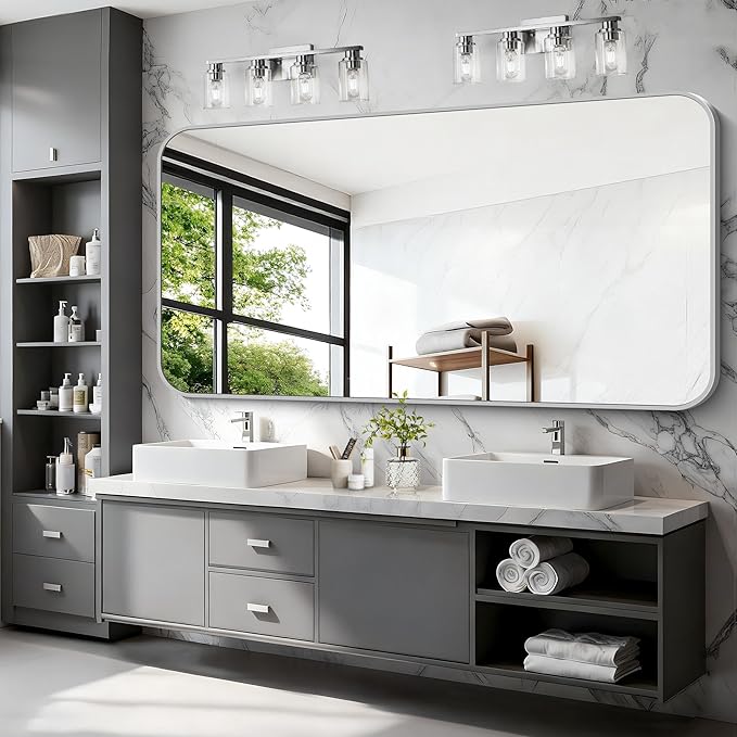 Silver Bathroom Mirror, 72 x 36 Inch Large Rectangle Mirror, Rectangular Vanity Mirror Aluminum Metal Frame, Rounded Corner Wall Mirror for Living Room Bedroom Entryway Horizontal/Vertical