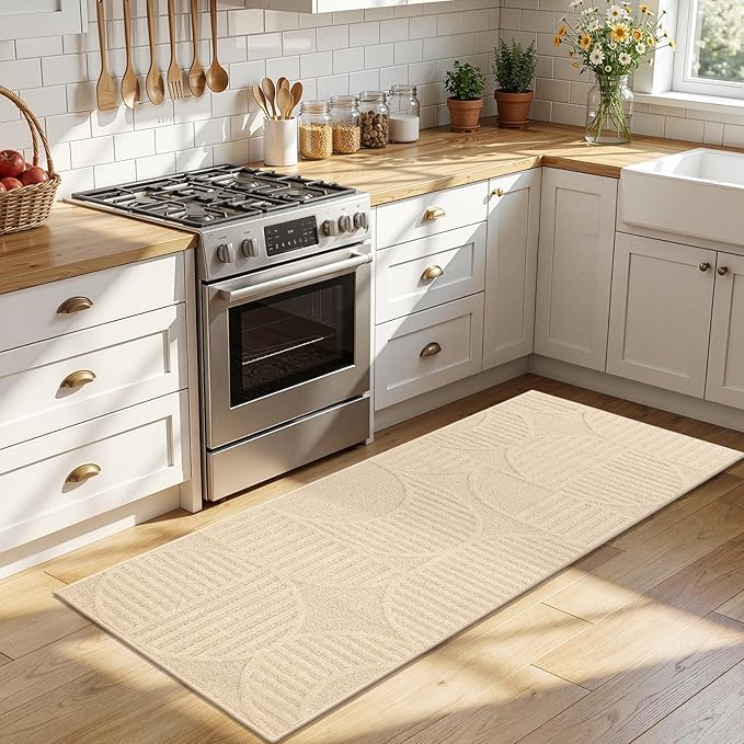 Findosom Washable Runner Rug 2x6, Geometric High-Low Textured Non Slip Hallway Runner Rug with Rubber Backing, Boho Carpet Runner for Kitchen, Bedroom, Laundry, Entryway, Bathroom, Beige
