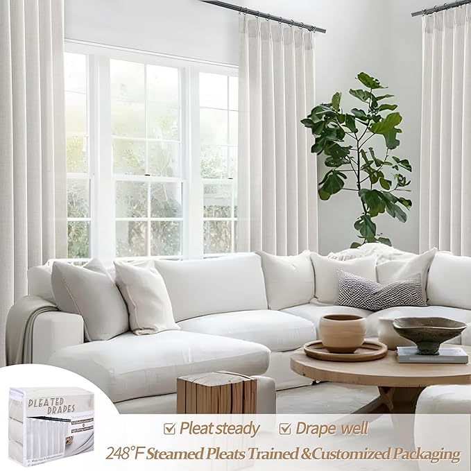 Off Beige White Farmhouse Kitchen Sheer Curtains 45 Inch Length 2 Panels, Cute Memory Trained Pinch Pleated Linen Semi Through Mini Drapes 40 x 45 Inches Short Light Filtering Curtain for Laundry Room