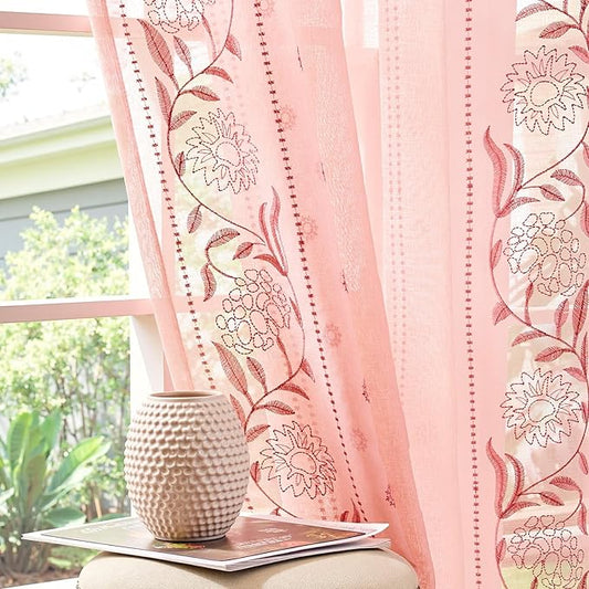 jinchan Winslow Sheer Curtains 63 Inch Length for Dorm Bedroom Bordered Floral Pattern Decorations Short Curtains Light Filtering Window Treatments, 50W x 63L, 2 Panels