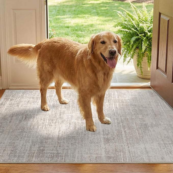 2x3 Washable Area Rug for Entryway - Small Abstract Neutral Kitchen Rug with Anti-Skid Rubber Backing Soft Low Pile Thin Carpet for Bedroom Bathroom Pet Feeding Zone (2x3, Beige)