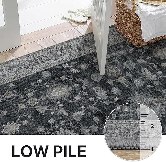 GENIMO Runner Rug for Hallways Machine Washable, 2x5 Non Slip Boho Vintage Lightweight Washable Runners, Thin Floor Rugs for Entryway Hallway Bathroom Laundry Room Corridor, Charcoal