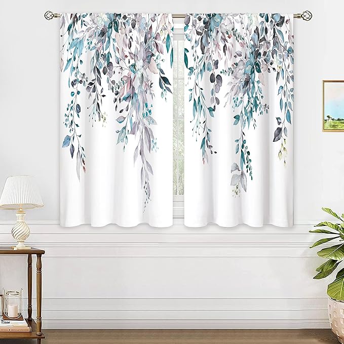 Blue Grey Eucalyptus Botanical Leaves Floral Kitchen Window Curtains Over Sink Farmhouse Flower Leaf Small Window Treatment Cafe Short Curtains for Bathroom Treatment Tier Drapes 26x45 inch