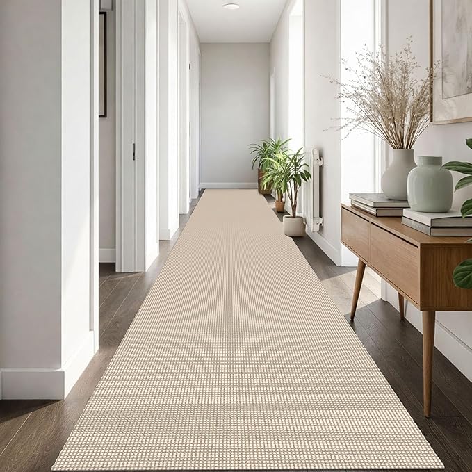IOHOUZE Washable Exrea Long Hallway Runner Rug 3x18 Non Slip Rubber Backed Kitchen Runner Entryway Runner Indoor, Woven Rugs Floor Carpet for Kitchen Hall Entryway, Beige/Khaki