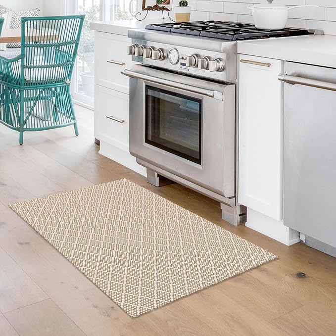 KOZYFLY Small Area Rug 2x3 Ft Washable Entryway Rug Non Slip Rubber Backed Throw Rugs Indoor Door Mat, Braided Cotton Floor Carpet for Front Entrance Front Door Sink Foyer, Tan/Beige